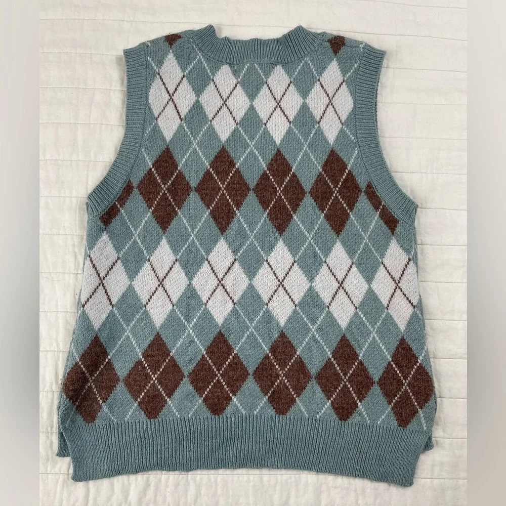 Rewind Argyle V-Neck Sweater Vest - Blue and Brown - Picture 8 of 8